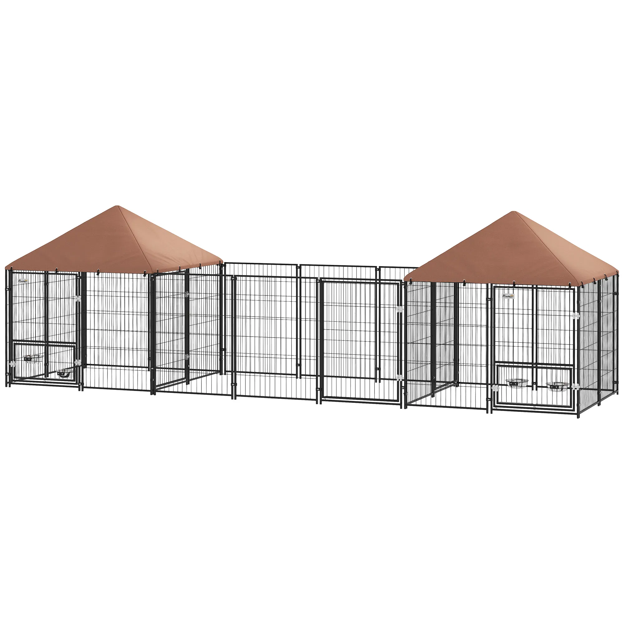 Outdoor Dog Kennel with 2 Rooms, Rotating & Adjustable Height Bowls, Waterproof UV-Resistant Cover, 16.2' x 4.7' x 5.1' — image 1