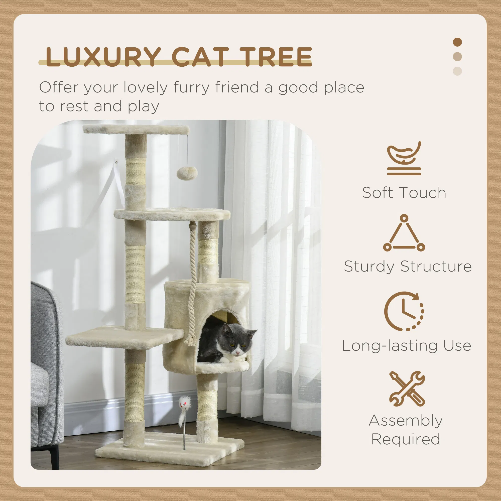 46" Scratching Cat Tree Multi Level Activity Center Kitty Condo Furniture Post Beige — image 4