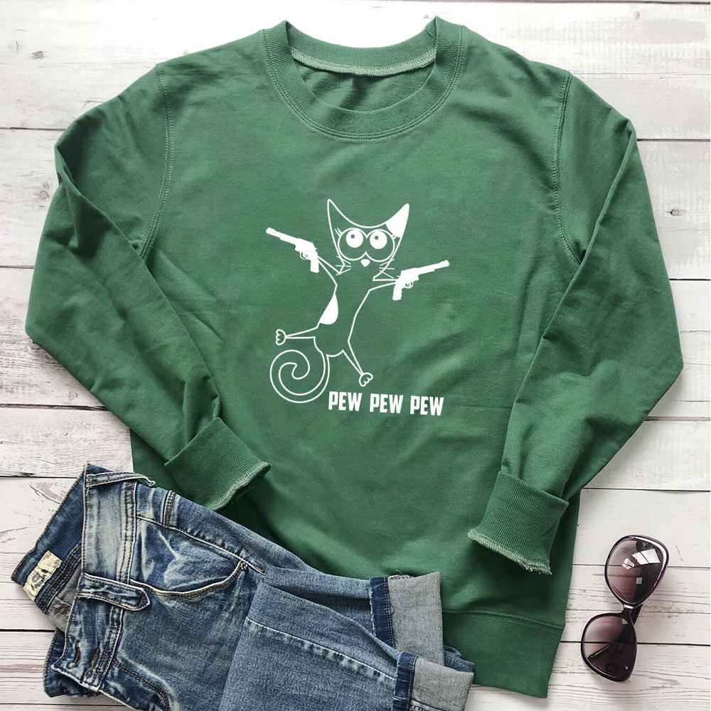 Cat print round neck hoodie with gun — image 6