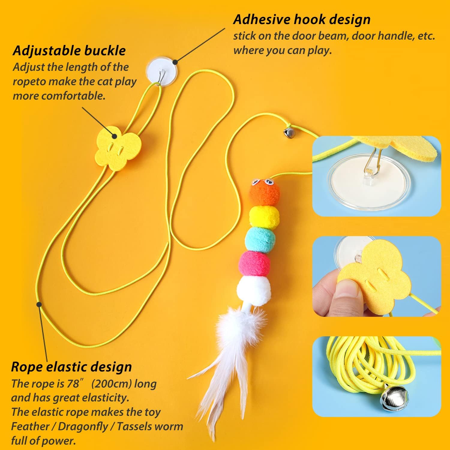 Juguetes para Gatos de Interior - Juguetes Interactivos para Gatos en Casa 200cm Colgador de Gato Autoestimulante con Cuerda Retráctil Nylon Alivio de Estrés — imagen 7