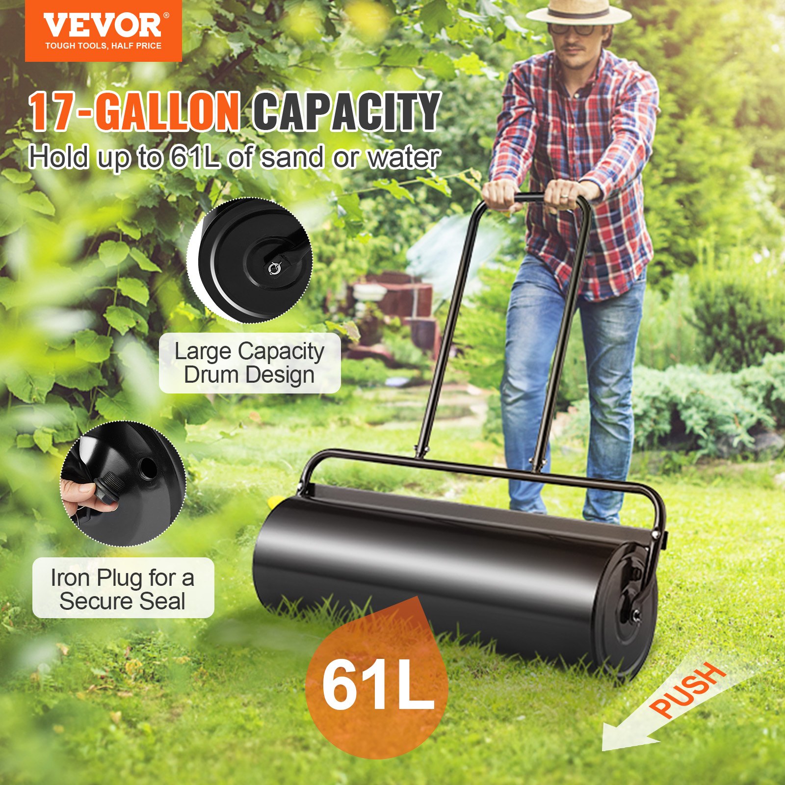 Lawn Roller, 17 Gallon Sand/Water Filled Yard Roller, Steel Sod Roller With Easy-turn Plug And U-Shaped Ergonomic Handle For Convenient Push And Pull, For Lawn, Garden, Farm, Park, Black — imagen 2