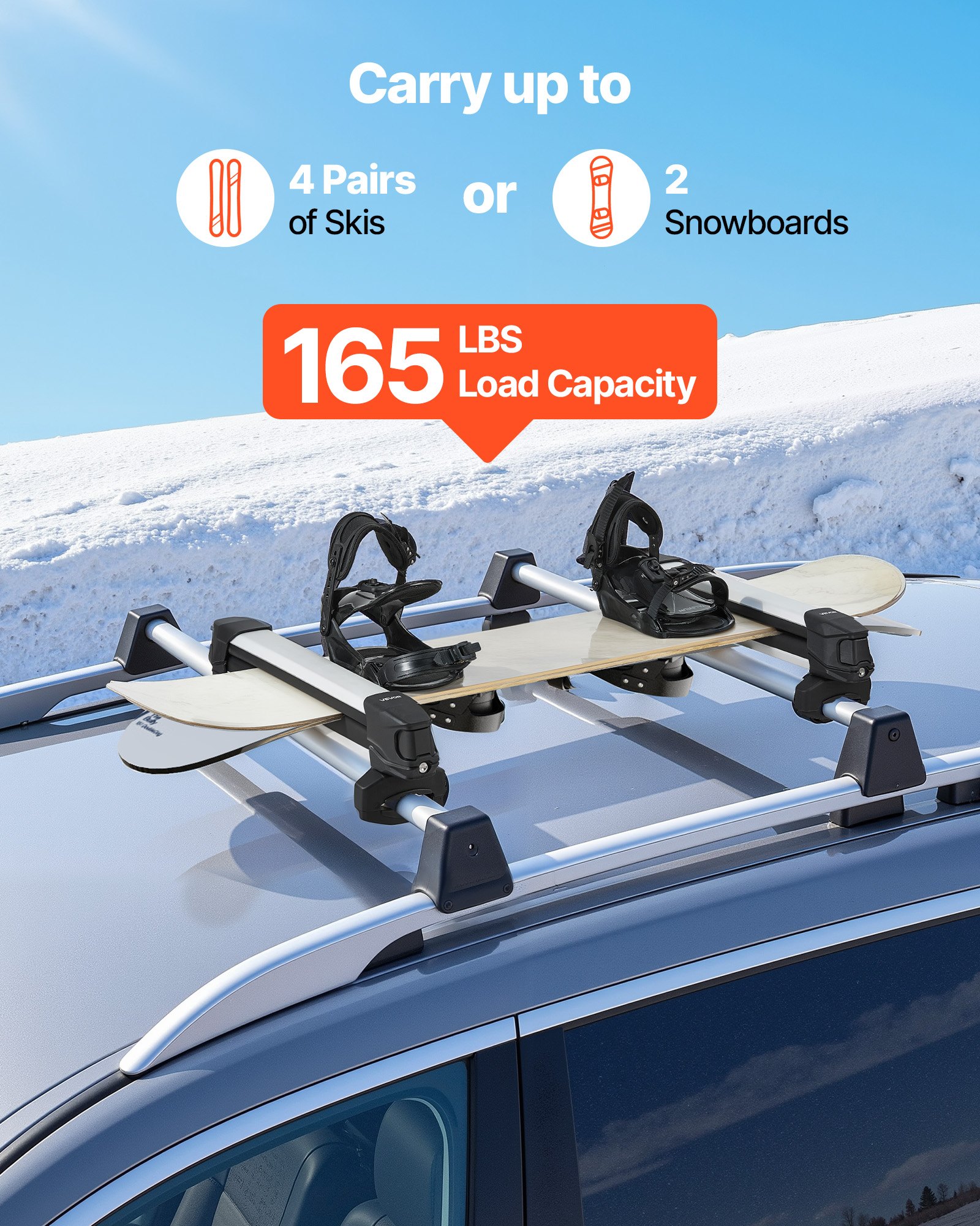 Ski & Snowboard Roof Rack, Carry Up To 4 Pairs Of Skis Or 2 Snowboards, 2 PCS Aluminum Universal Car Roof Rack Top Holder With Lock & Rubber Padding, Carrier For Fishing Rod, Fit Most Crossbars — imagen 2