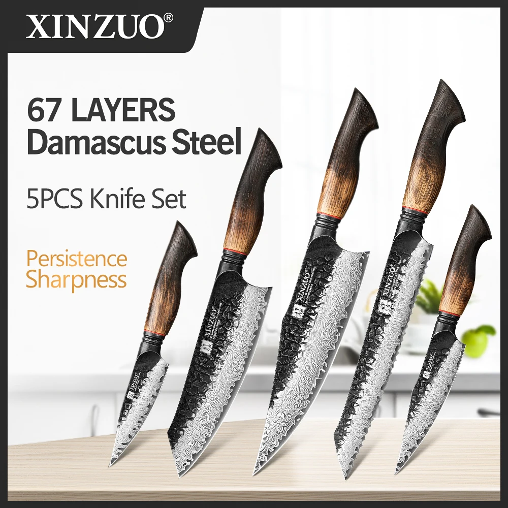 XINZUO 1-5PCS Damascus Steel Kitchen Knife 10Cr15CoMov Steel Core Chopping Vegetables And Fruits Household Kitchen Knife — image 1