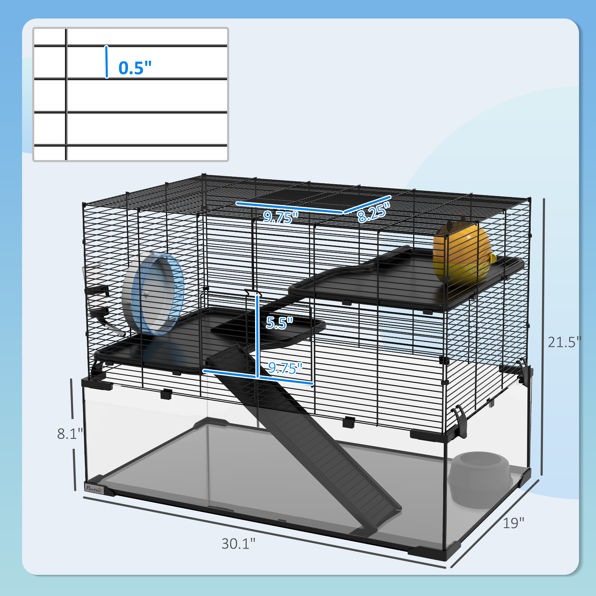 30" Hamster Cage, Gerbil Cage with Glass Basin for Small Hamsters, Black — imagen 6