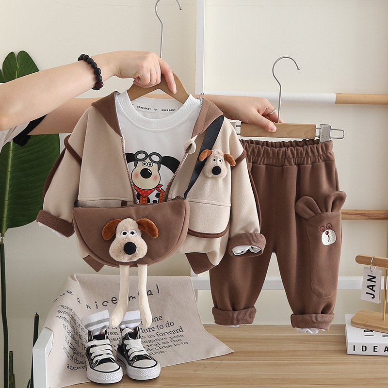 Toddler Kids Puppy Print Hooded Jacket Long Sleeve T-Shirt Pants Bag Set — image 3