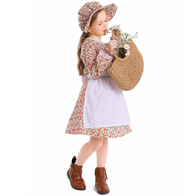Children's Floral Maid Dress Vintage Farm Girl Stage Performance Costume Halloween Cosplay Outfit — image 4