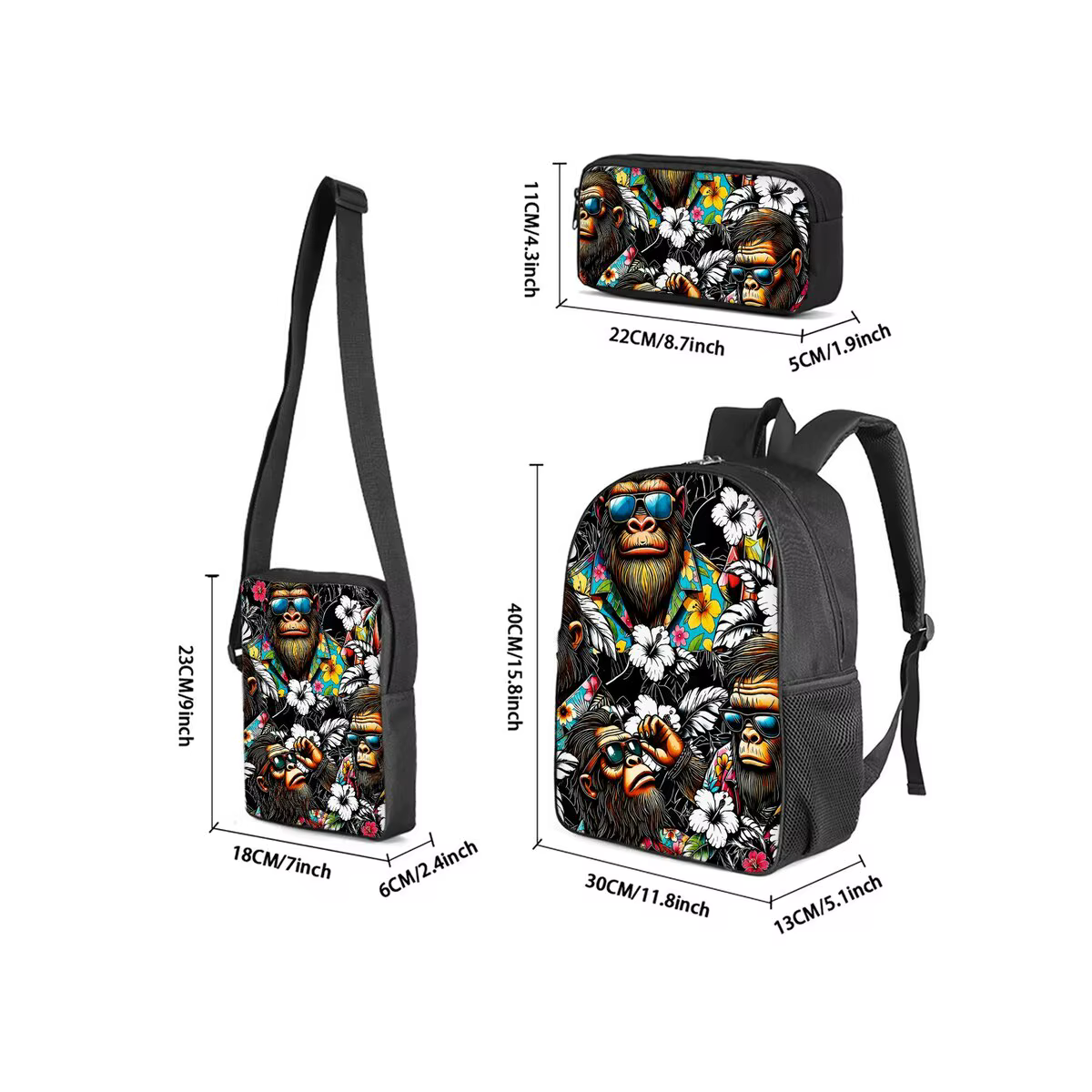 Hot Dog Chimpanzee Print 3Pcs/Set Backpack with Messenger Bag, Pencil Bags for Boy/Girl Best Gift Cartoon Student School Bags — image 2