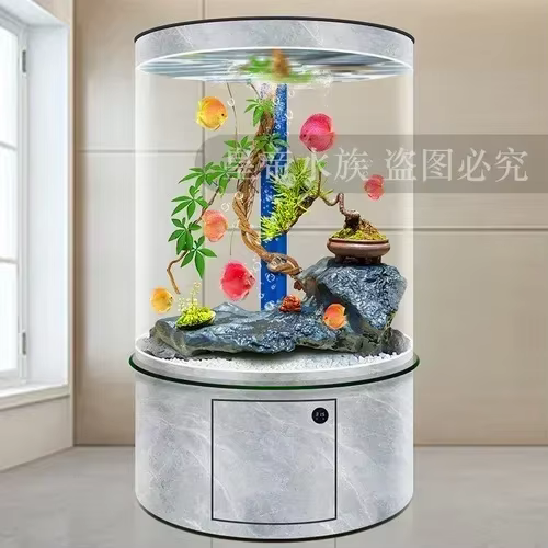 Tanque de Acuario de Vidrio Cilíndrico para Salón o Piso Completo con Filtro en el Fondos — imagen 6