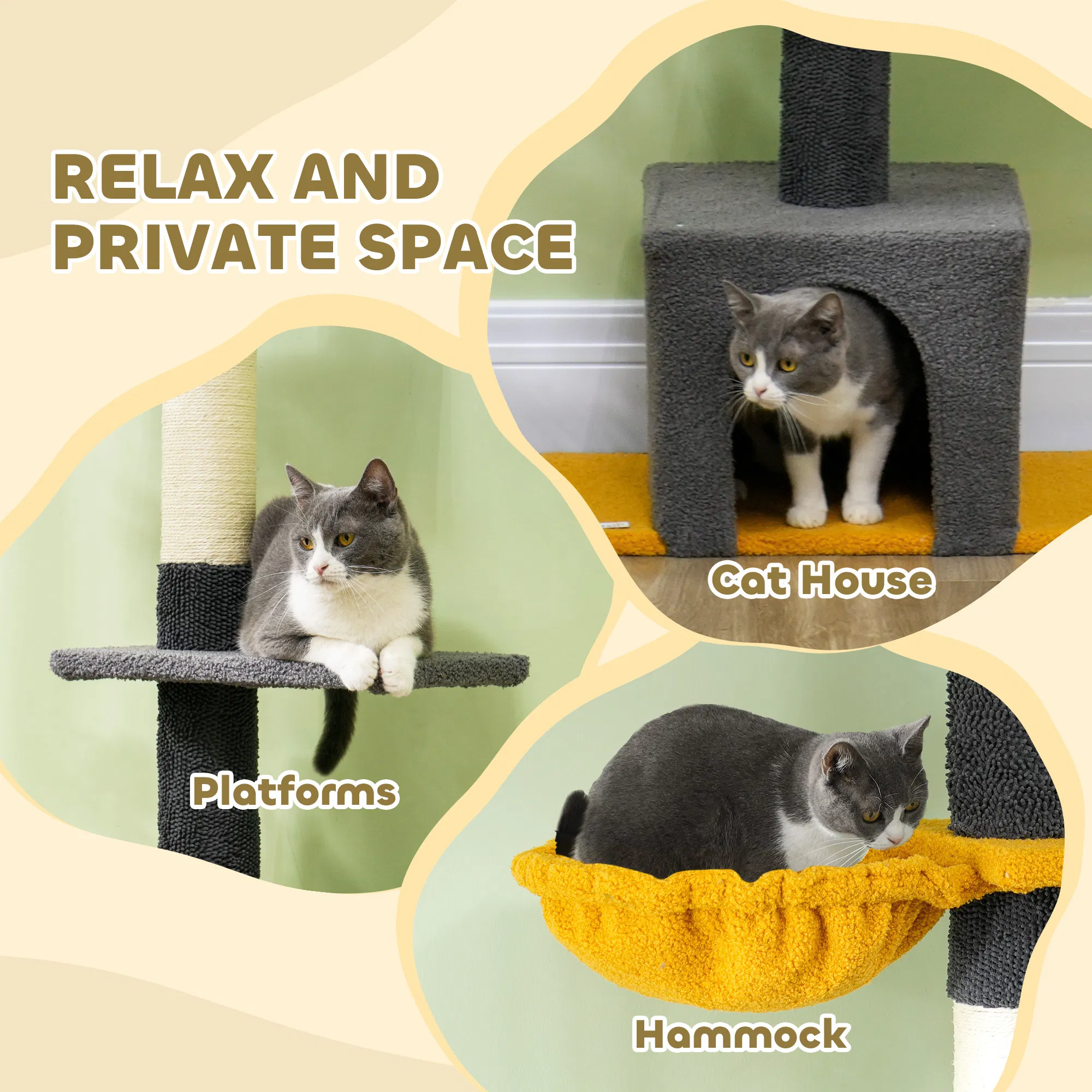 Floor to Ceiling Cat TreeTower with 90.5"-108" Adjustable Height, Scratching Posts, Hammock, Condo, Toy Ball, Dark Grey — image 6