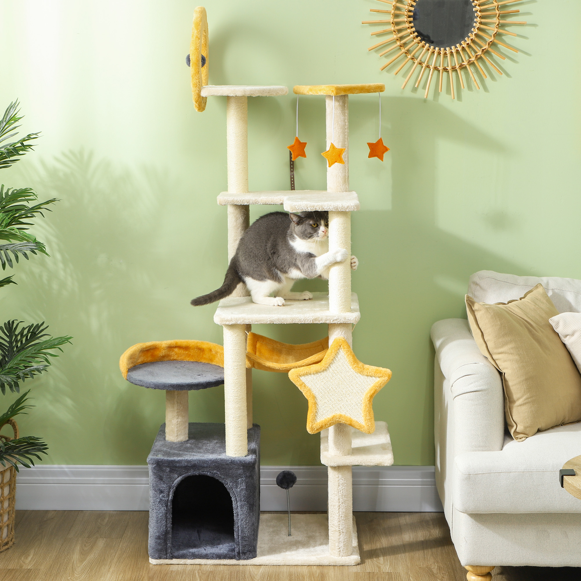Moon and Star Themed Cat Tree with Scratching Post, Hammock, Condo, Bed, Scratching Board & Cat Toys, Beige