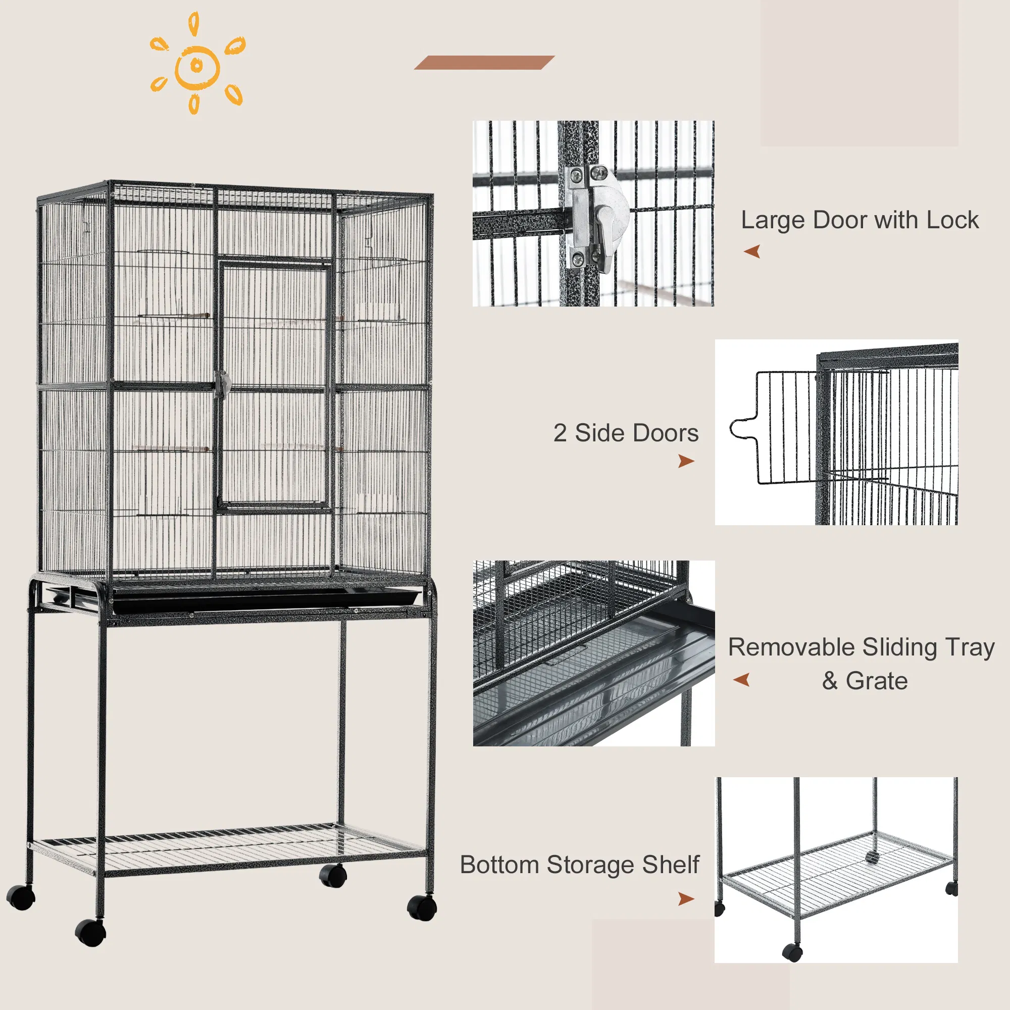 30'' Large Rolling Metal Bird Cage Bird House with Detachable Rolling Stand, Storage Shelf, Wood Perch Food Container - Black — image 2