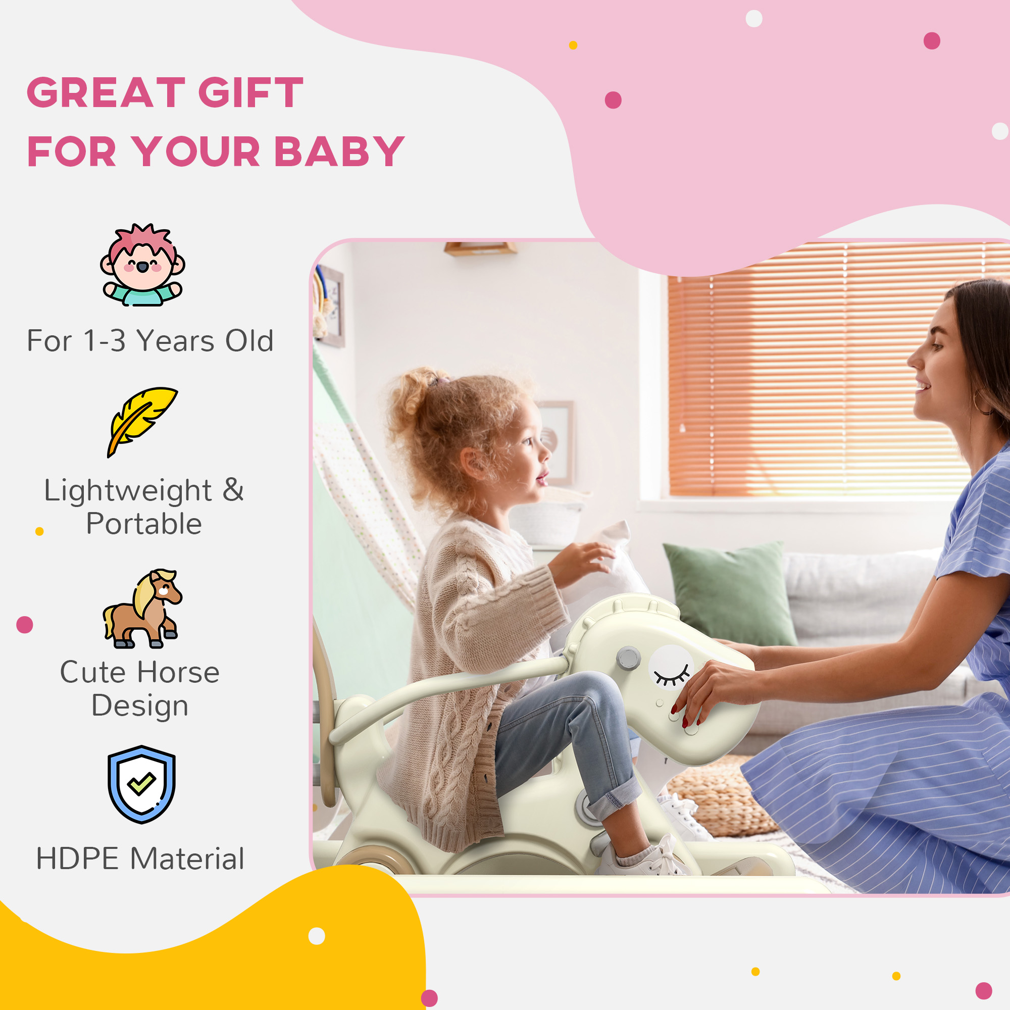 5 in 1 Rocking Horse for Toddlers 1-3 Years with Detachable Balance Board, Push Handle, Footrest, Cream White — imagen 4