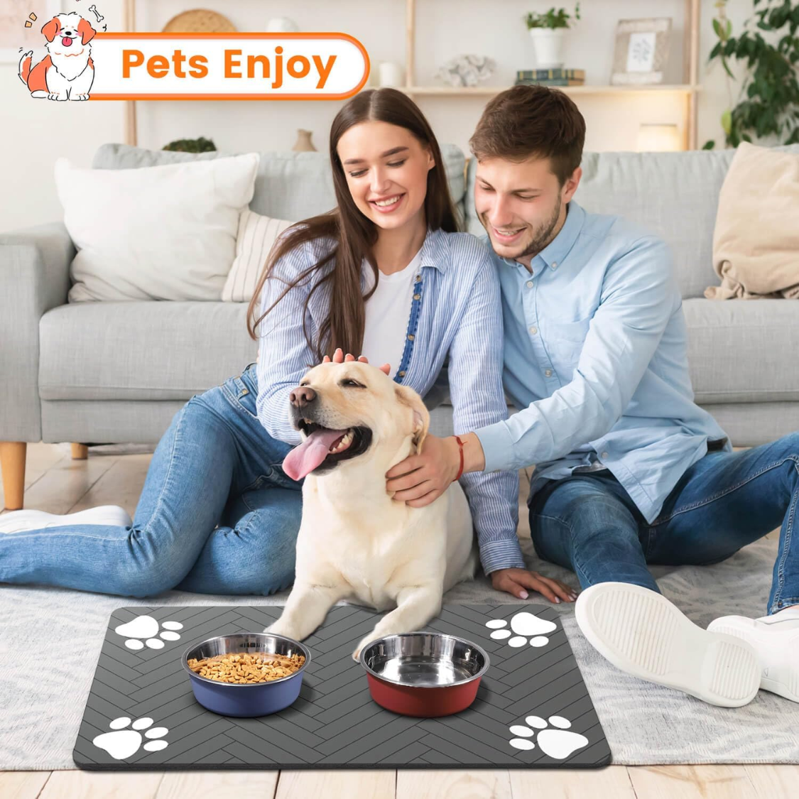 Absorbent Pet Feeding Mat 20x12 Inch, Waterproof Rubber Backing, Dark Gray Striped — image 2