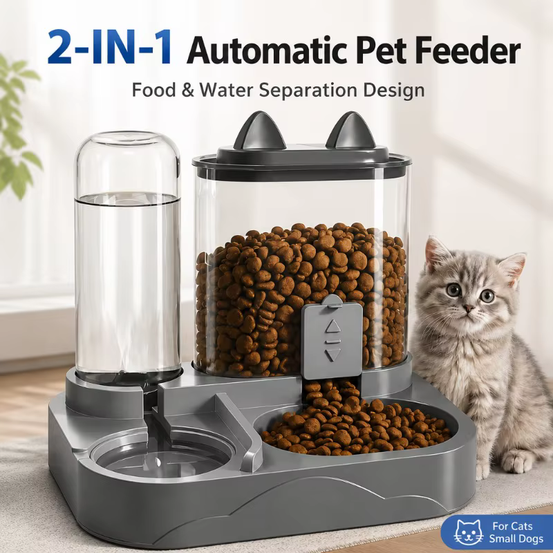 2-in-1 Cat Automatic Feeder Water Dispenser Gravity Pet Food Bowl Wet Dry Separation Storage for Cats Small Dogs Home & Travel