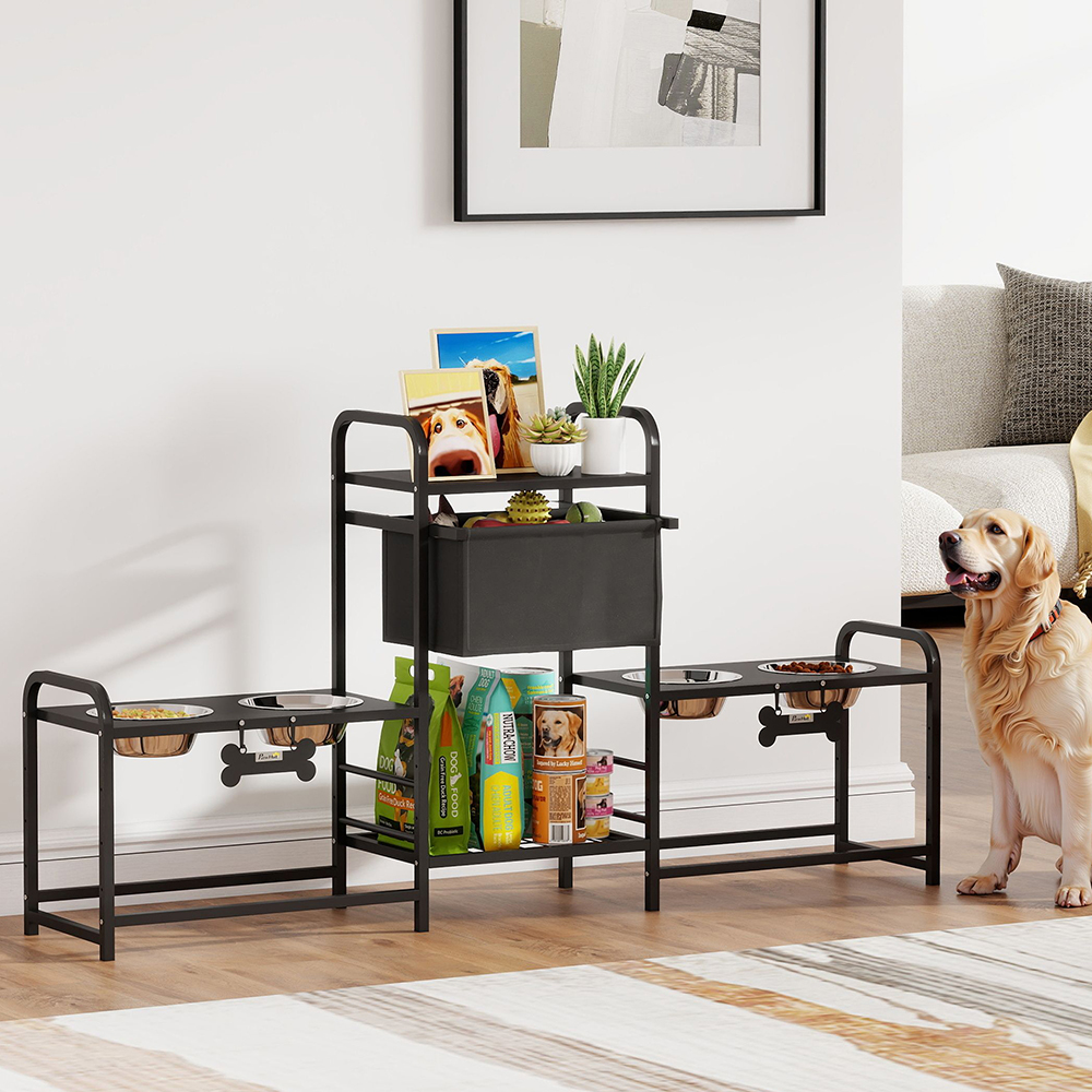 Soporte para Comederos de Perro con 3 Alturas Ajustables, Tela Oxford, Incluye Cuatro Tazones y Cesta para Juguetes — imagen 6