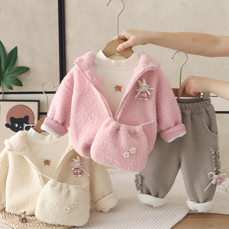 Girls' Floral Rabbit Print Fleece Lined Winter Three-Piece Set — image 3