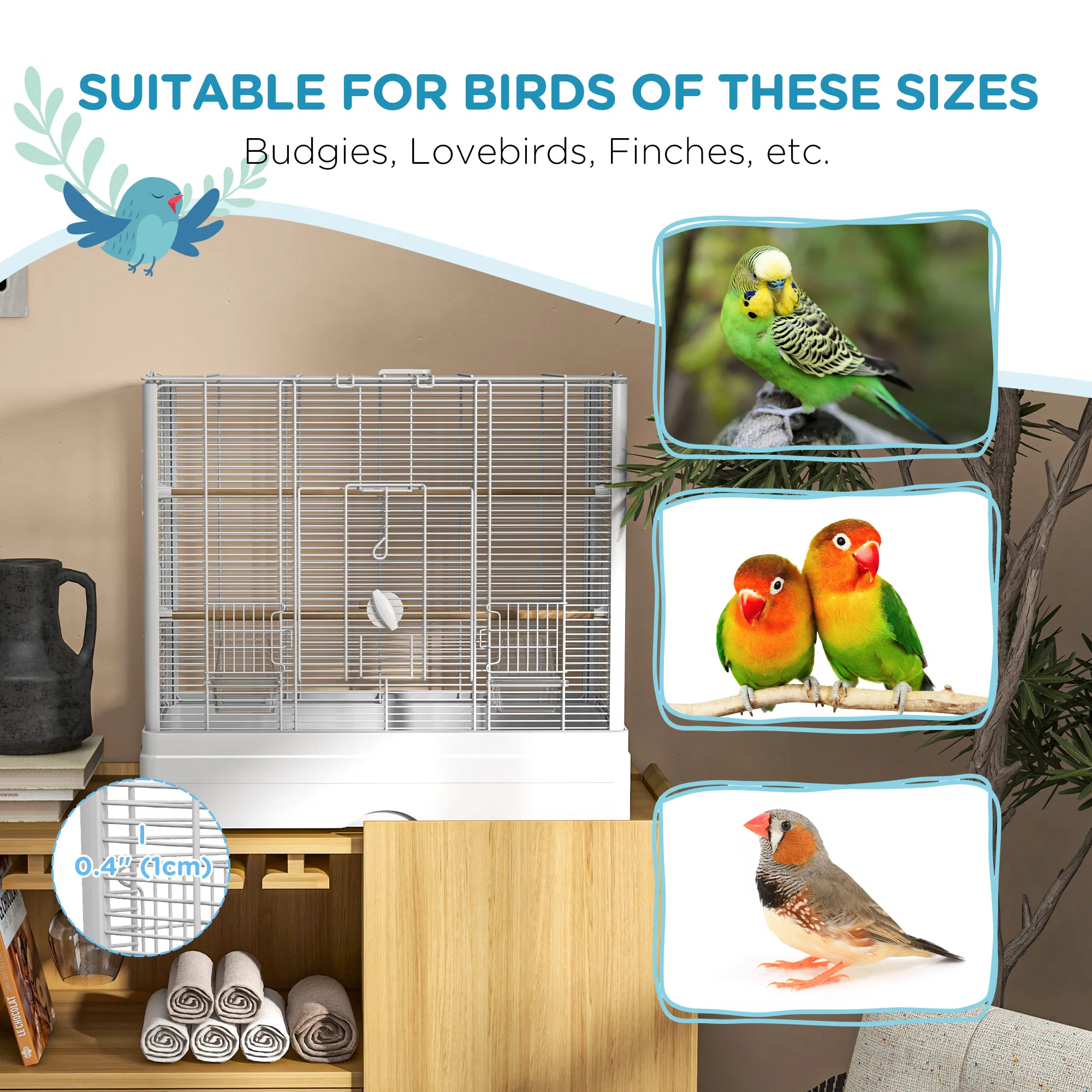 22" Bird Cage for Budgie Finches Canaries Love Birds with Wooden Stands, Slide-Out Tray, Handles, Food Containers, White — image 5
