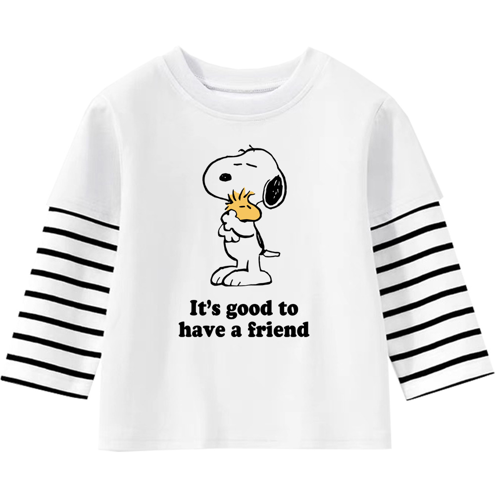 Long Sleeve Striped Faux Two-Piece Cartoon Dog Casual Cotton T-Shirt — image 1