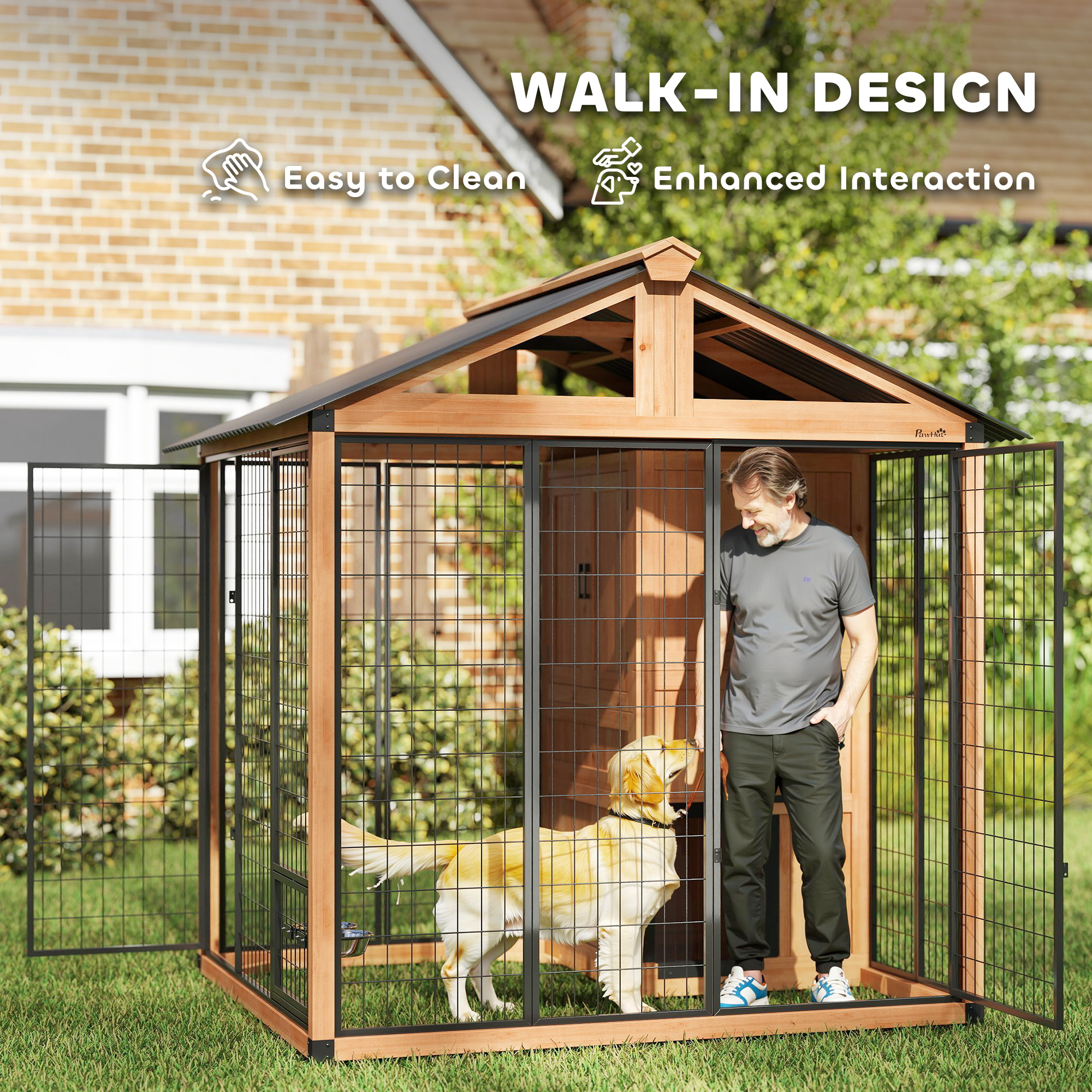 Casa para Perros Extra Grande de 7 x 6, Caseta de Madera para Exterior con Gabinete de Almacenamiento y Tazones de Acero Inoxidable, Amarillo Claro — imagen 4