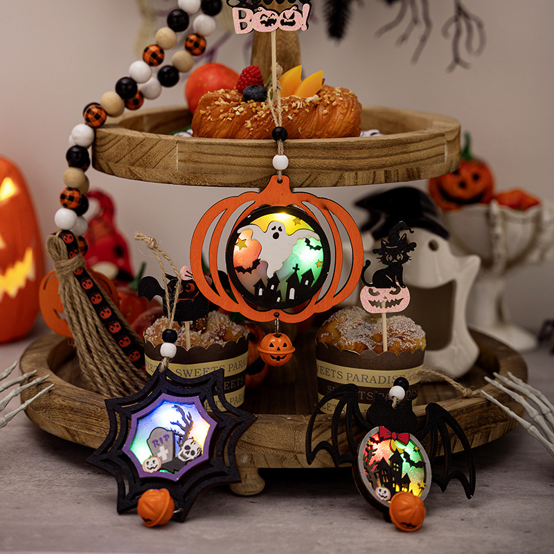 Lámpara de Pumkin de Madera para Colgar, Decoración de Ambiente de Halloween, Pendiente de Araña y Fantasma — imagen 3