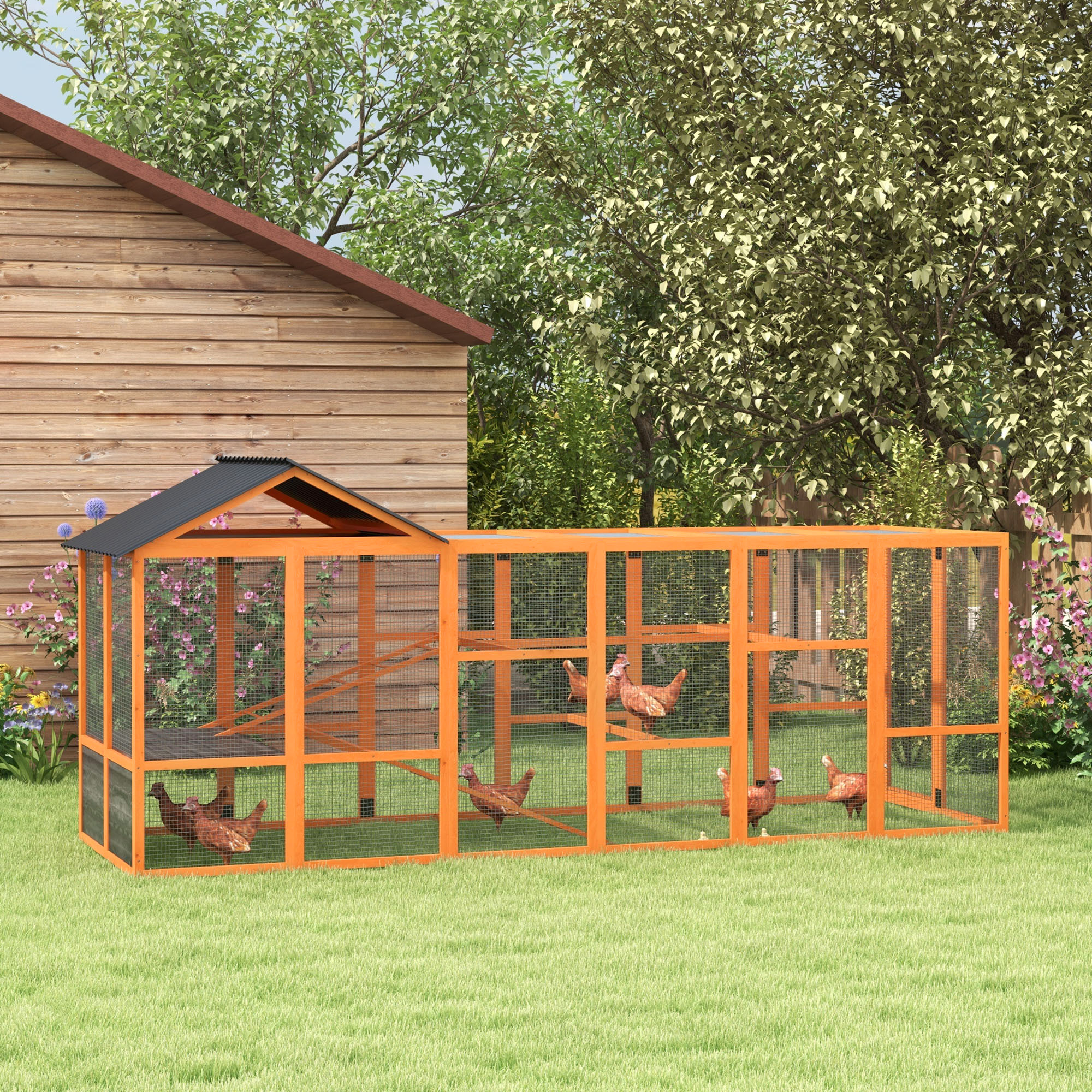 Casa de Pollos en Madera para 6-10 Gallinas - Corral Adicional con Almacenamiento, Perchas, 141.75" x 48" x 61", Naranja — imagen 1
