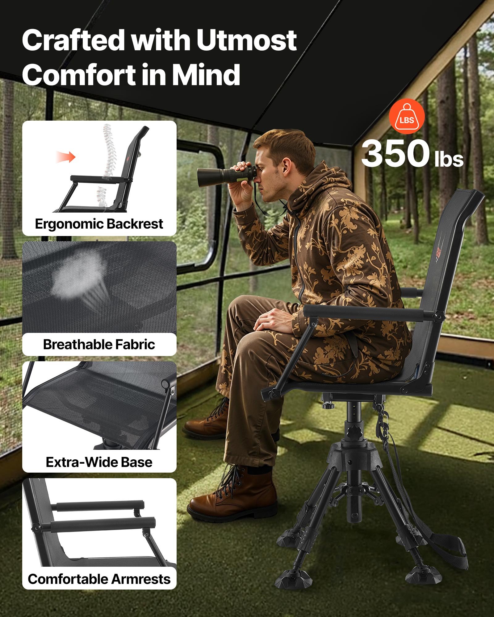 Silla de Caza Silenciosa 360°, Asiento Portátil Plegable con Cadena de Protección, Estructura de Acero Pesada para Terreno, Con Accesorios de Brazo y Talones Antideslizantes, Capacidad de 158 kg para Pesca y Camping — imagen 4