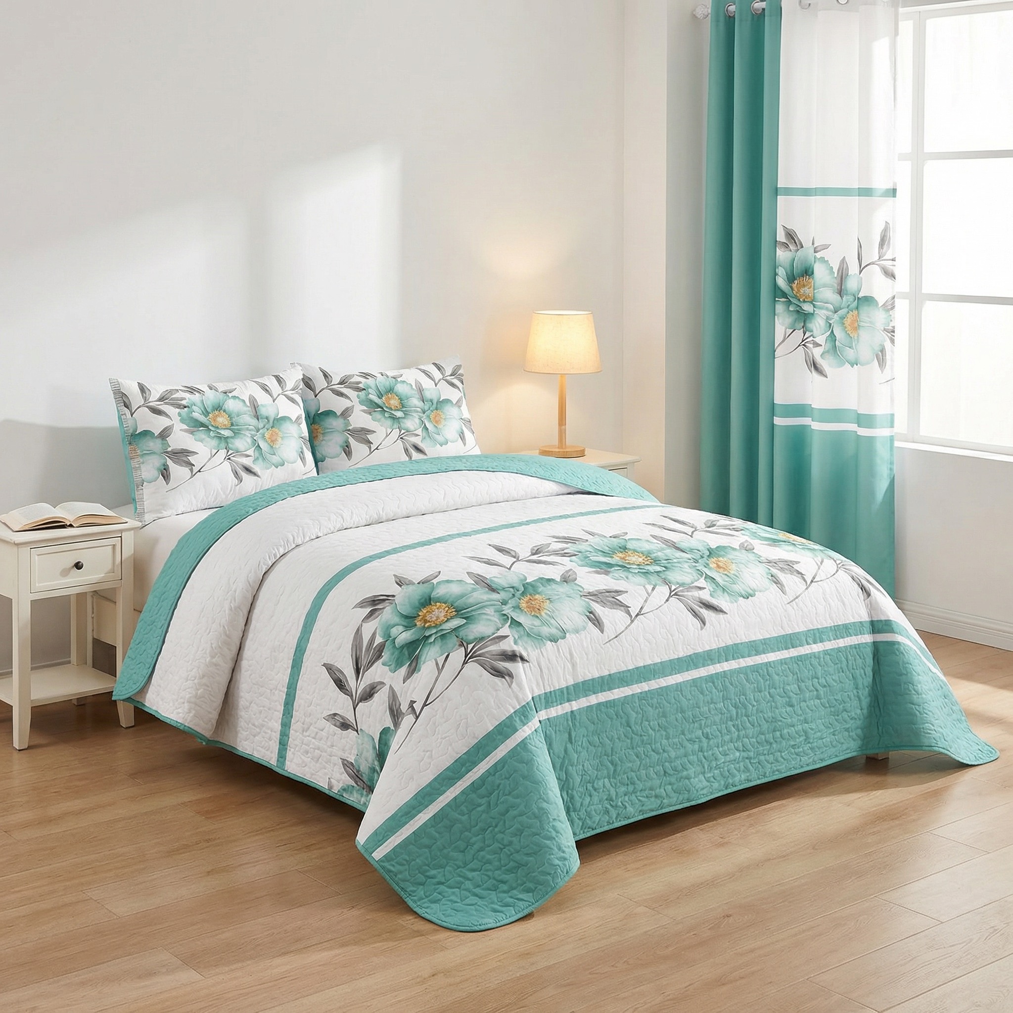Juego de Edredón y Cortinas Room In A Bag de 9 Piezas, Colcha Gruesa con Estampado Floral Botánico Turquesa de Diseñador de EE. UU. con 6 Paneles de Cortina Personalizables, Cubrecama de Alto GSM Apto para Mascotas — imagen 6