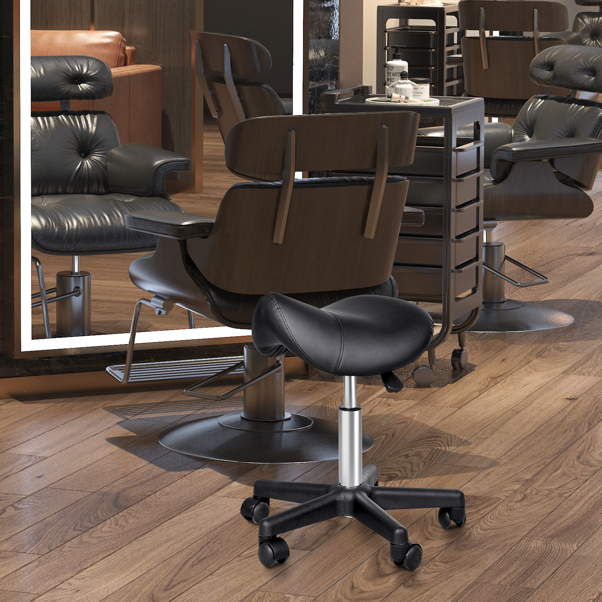 Rolling Saddle Stool, Swivel Salon Chair, Ergonomic Faux Leather Stool, Adjustable Height with Wheels for Spa, Salon, Massage, Office, Black — image 8