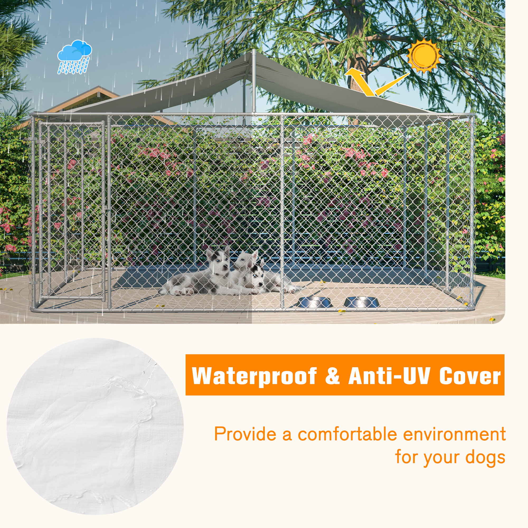 Heavy Duty Outdoor Dog Kennel 14.8x14.8x7.6 Ft, Galvanized Chain Link Playpen With Waterproof Anti-UV Cover, Secure Lock, Large Exercise Pen For Puppy & Pets — imagen 5