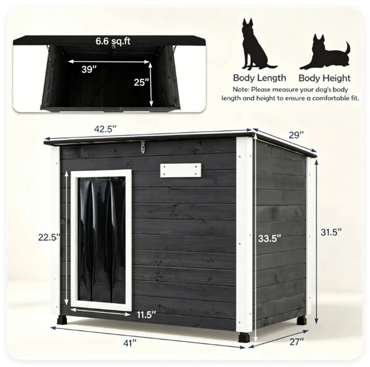 42.5" x 27" x 33.5" Outdoor Dog House with Sloped Asphalt Roof, Elevated Floor & Openable Roof Weatherproof Pet Kennel with PVC Door Curtain for Medium Large Dogs Gray — image 2