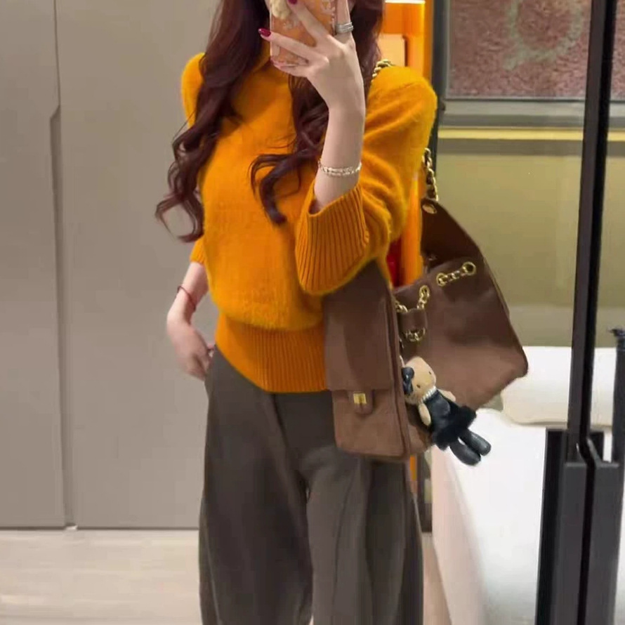 Women's Lapel Collar Long Sleeve Soft Faux Mink Knit Sweater — image 9