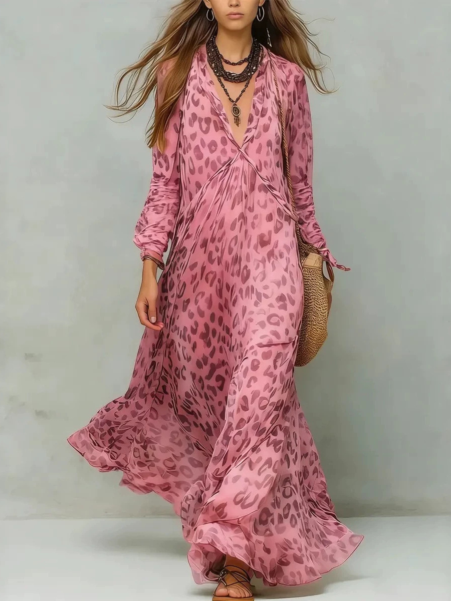 Dress de Verano con Estampado de Leopardo, Vuelo Profundo y Manga Larga — imagen 7