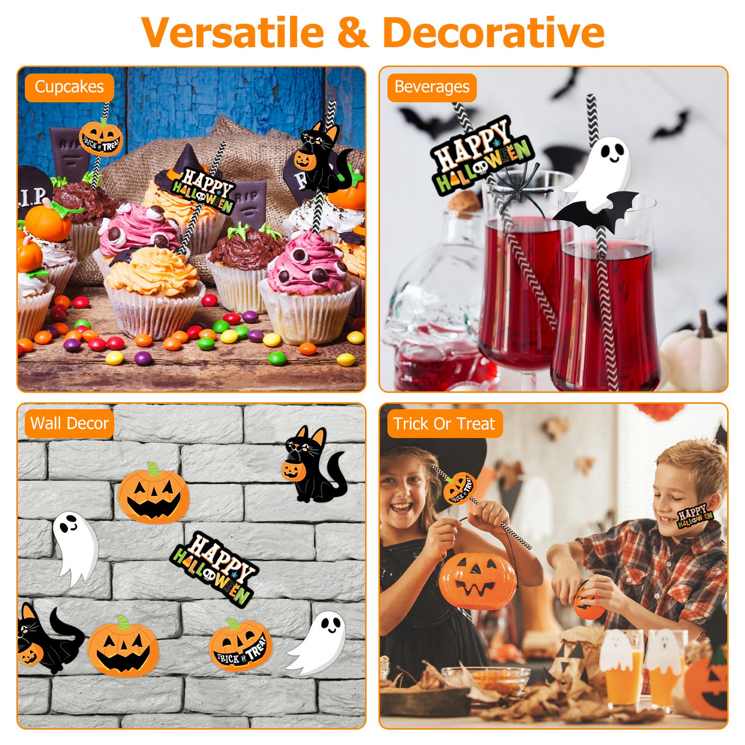 Set Of 25Pcs Halloween Party Striped Decorative Straws Disposable Drinking Straws Paper Straw Decor Happy Halloween Ghost Lantern Black Cat Halloween Party Supplies — image 4