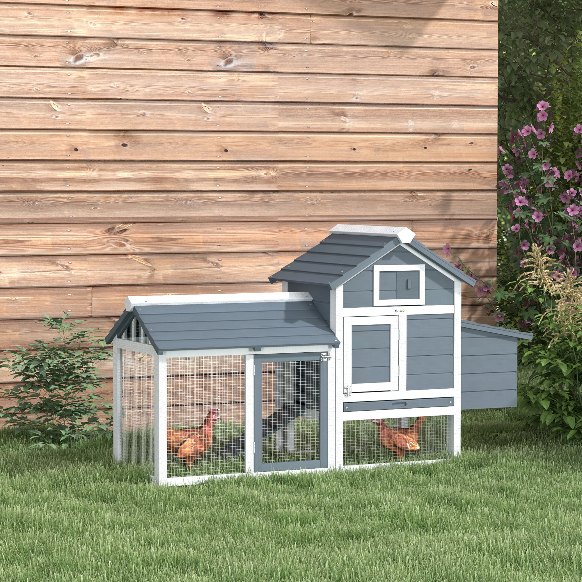 59" Small Wooden Chicken Coop Hen House Poultry Cage for Outdoor Backyard with 2 Doors, Nesting Box and Removable Tray, White — imagen 2