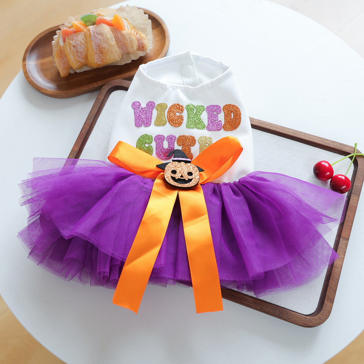 Purple Mesh Pumpkin Witch Pet Halloween Dress with Colorful Sequin Letters Dog Princess Dress Pet Party Costume — image 5