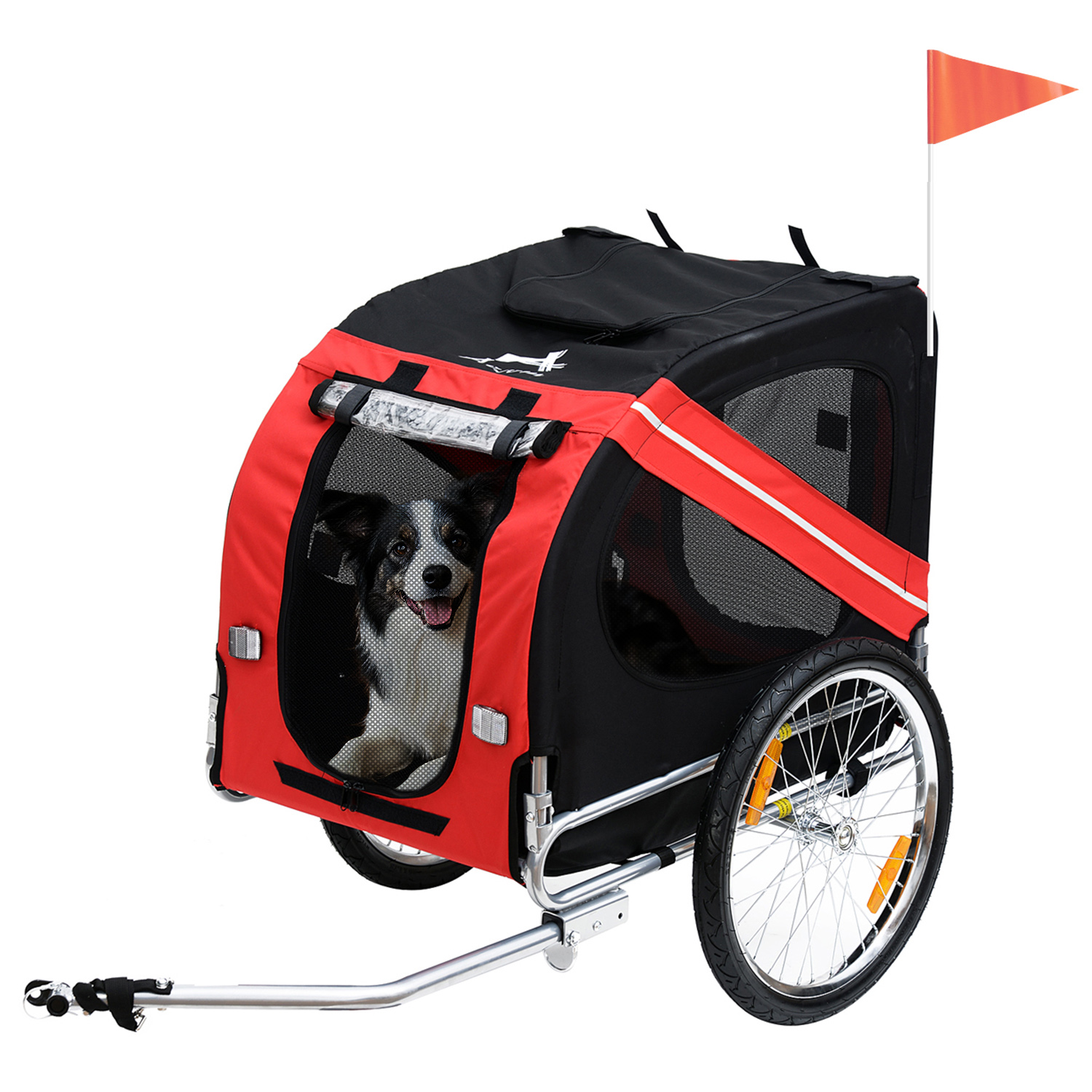 Remolque de Bicicleta para Perros con Estructura Plegable Fácil, Ruedas Grandes, 3 Entradas, Pantalla de Malla, Para Perros Hasta 20 kg, Rojo y Negro — imagen 1