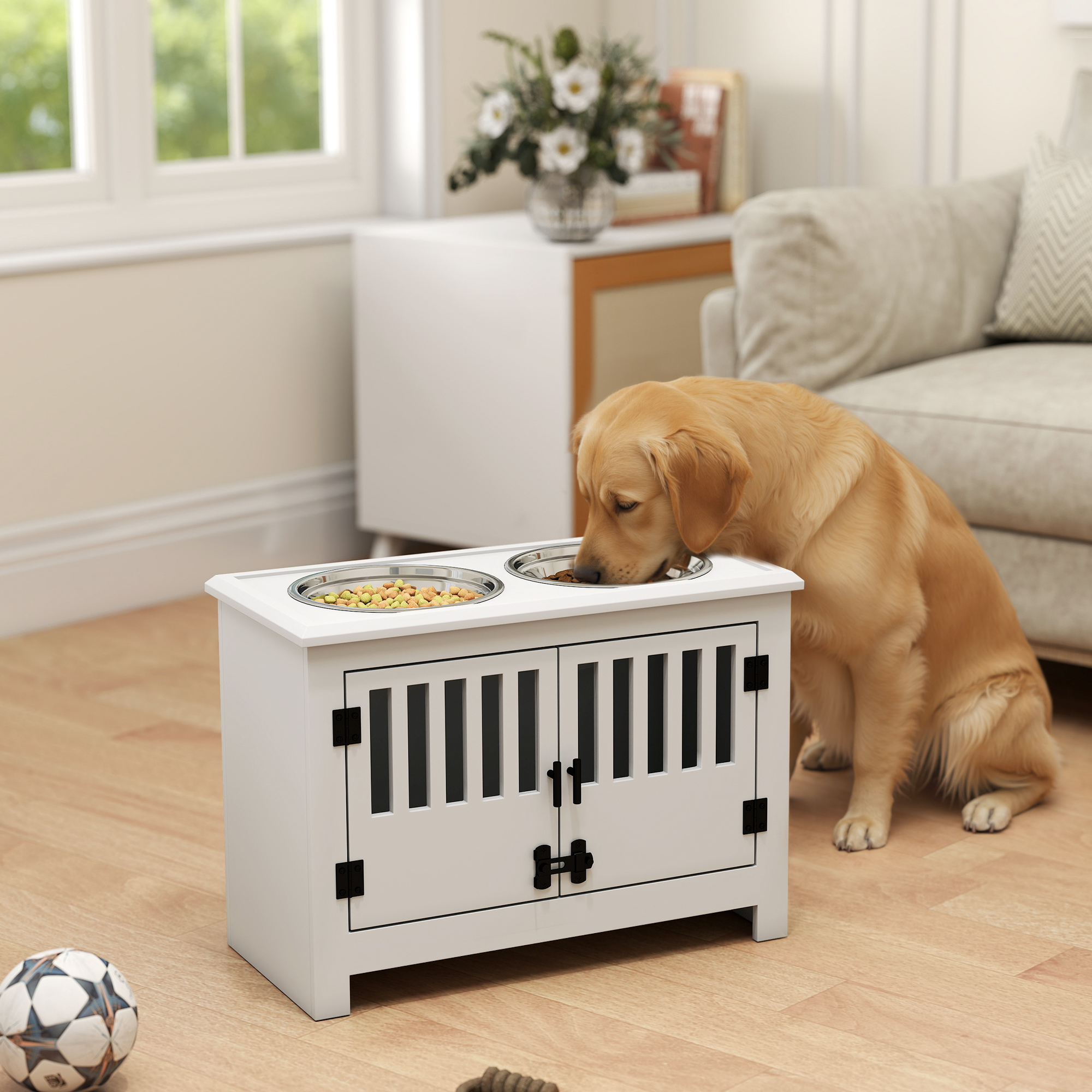 Dog Food Storage Cabinet with Bowls & Dog Feeding Station, White — image 1