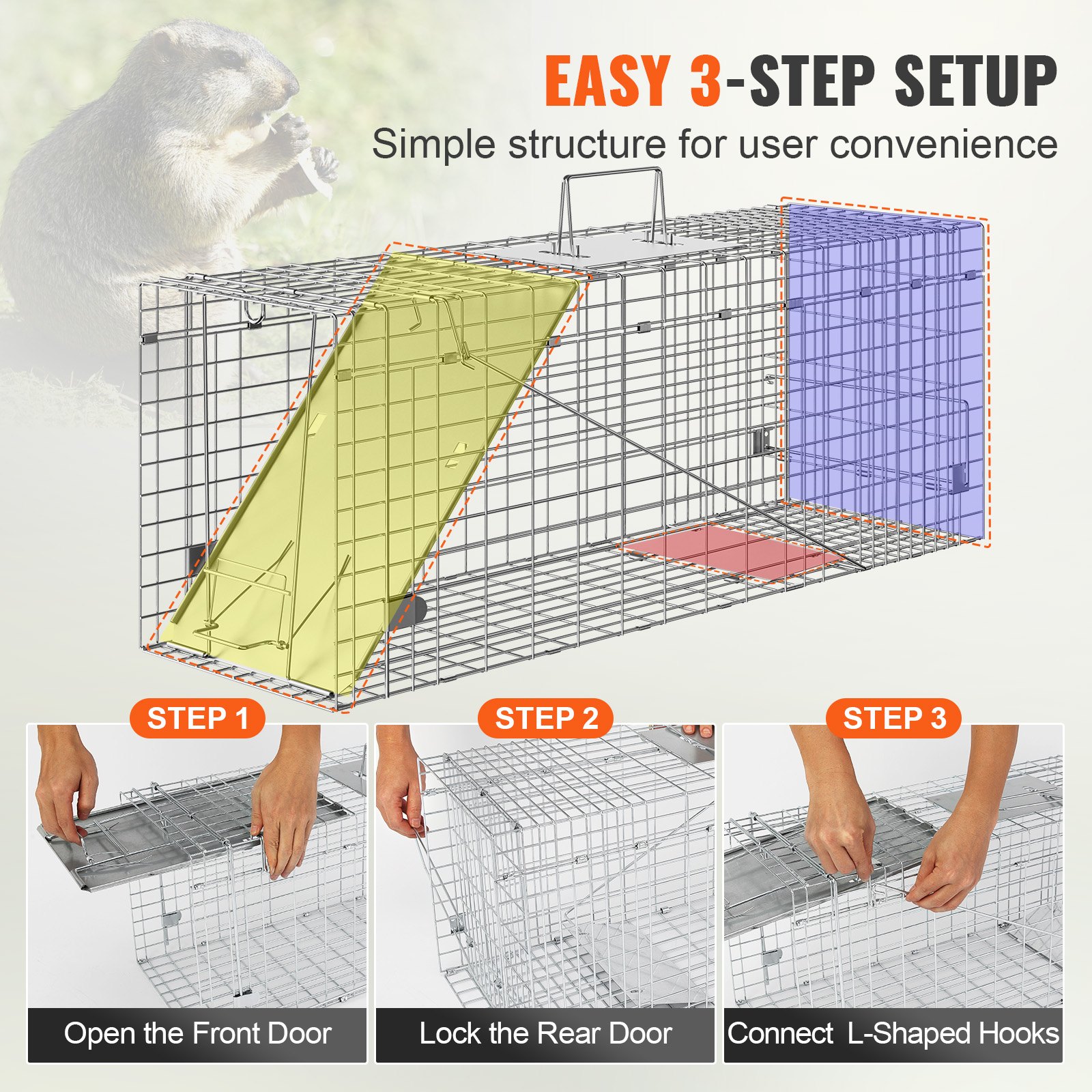 Cazuela para Animales Vivos, 79 cm x 25 cm x 30 cm - Cazador de Gatos Humano con Hierro Galvanizado Reversible para Conejos, Zorros, Ardillas y Morenas — imagen 2