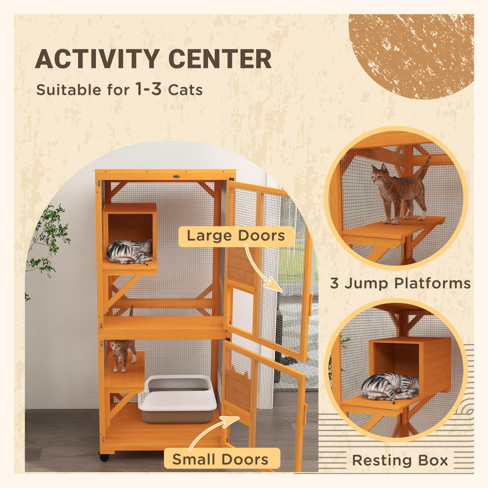 Casa para Gatos Grande con Ruedas para 1-3 Gatos Encierro de Madera Catio Naranja — imagen 2