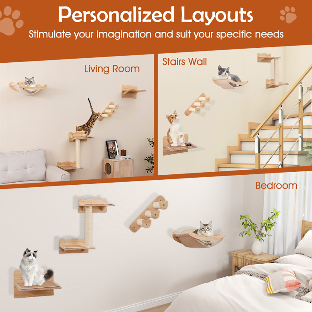 Conjunto de Mobiliario para Gatos en la Pared con Hamaca - 4 Piezas, Árbol de 2 Niveles y Percha — imagen 10