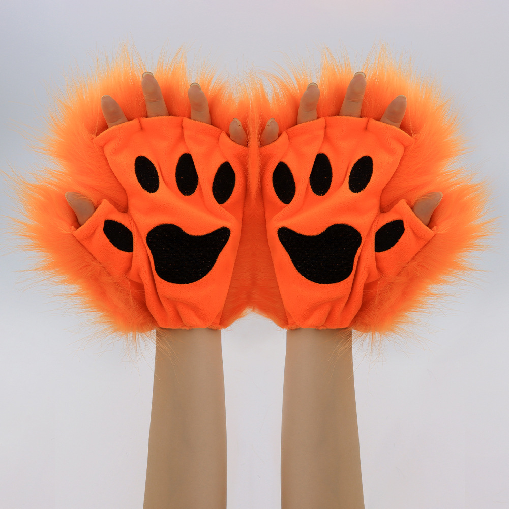 Fuzzy Cat Paw Gloves Halloween Costume Prop Cosplay Wearable Half-Finger Animal Paws Winter Warmth — image 9