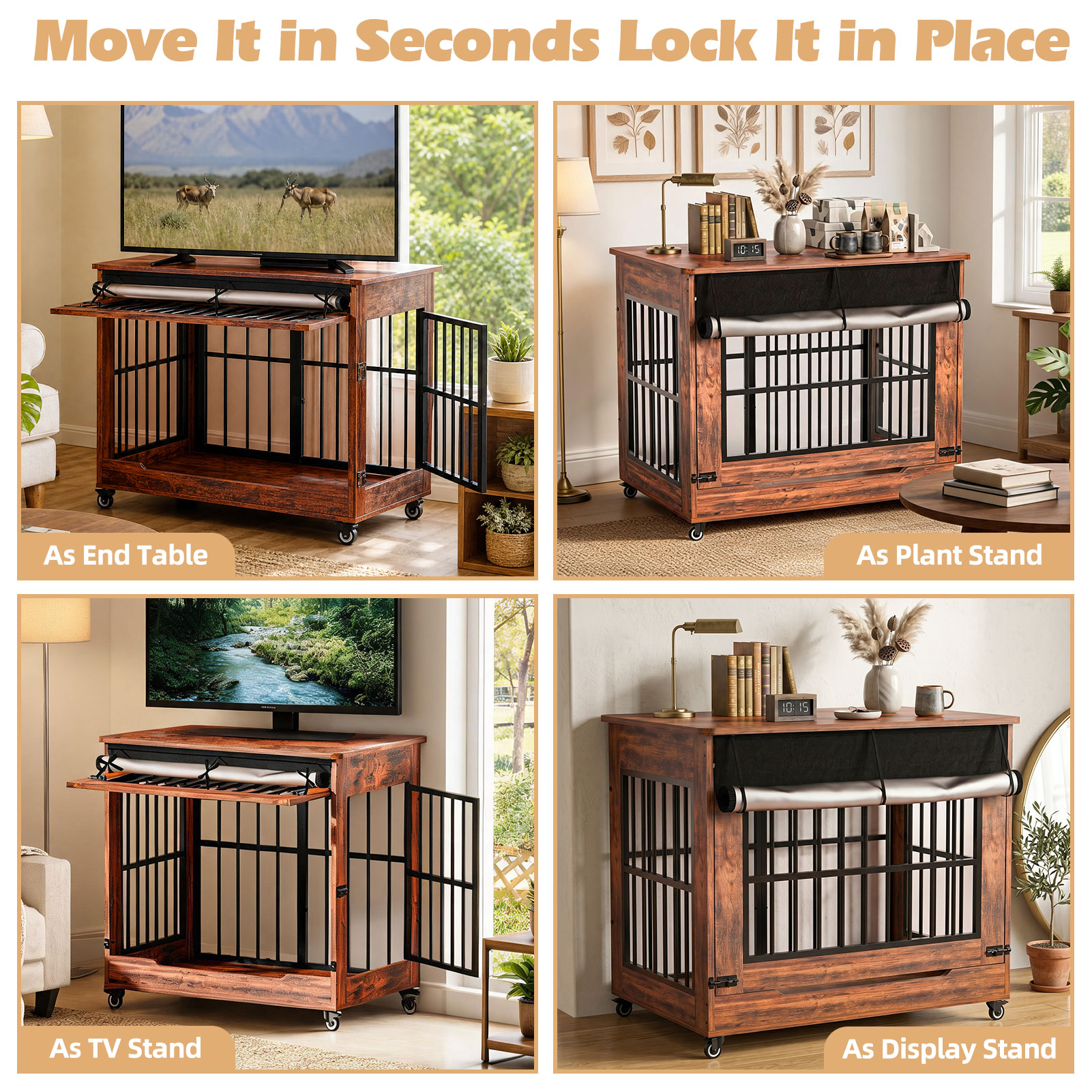 Large Dog Crate Furniture, Double Door Wooden Indoor Dog Kennel Furniture, Decorative Pet Cage End Table With Wheels For Large Breed Dogs, Size XL, Greige — image 14