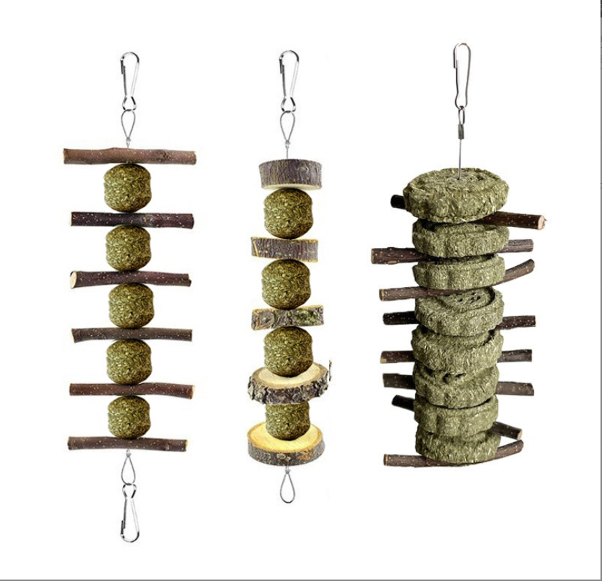 Rabbit Chew Toys, 3PCS Pet Chew Toys For Rabbit Chinchilla Hamster Molars Chew Toys Apple Sticks Grass Ball, Grass Cake Skewer For Hamster — image 1