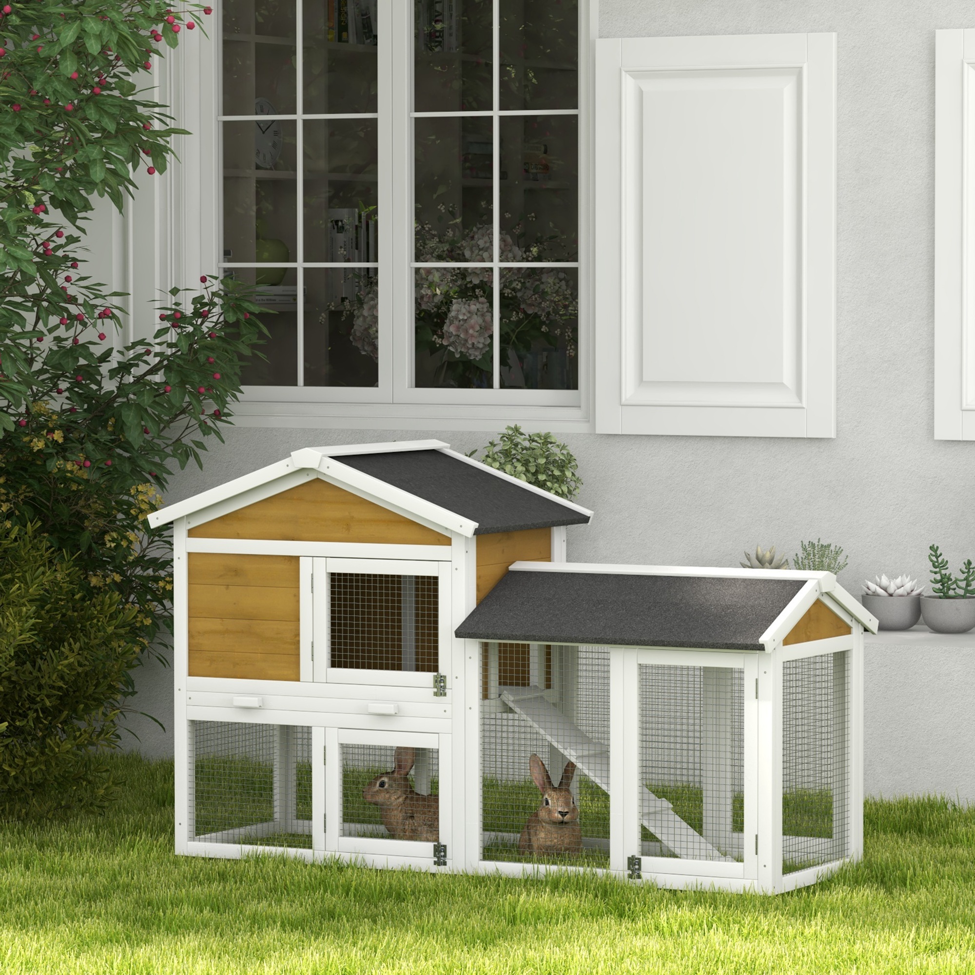 58" Wooden Rabbit Hutch With Run, Removable Tray, Asphalt Roof, Lockable Doors And Ramp, Nature Wood — imagen 1