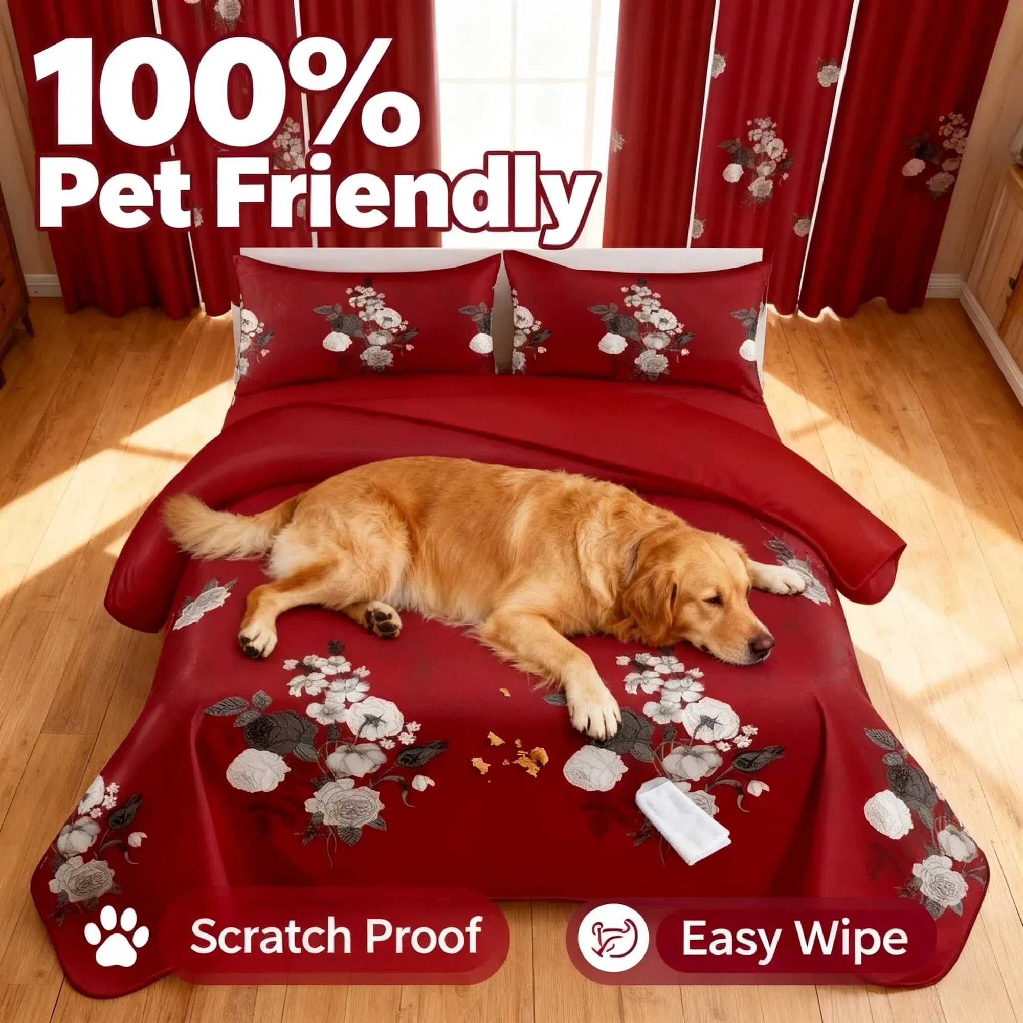 9-Piece Burgundy Red Floral Bedding & Curtain Combo Set, Vibrant Crimson Quilted Bedspread with 6 Light Filtering Window Panels & 2 Shams, Easy Care Microfiber Coverlet, Pet Friendly — image 12