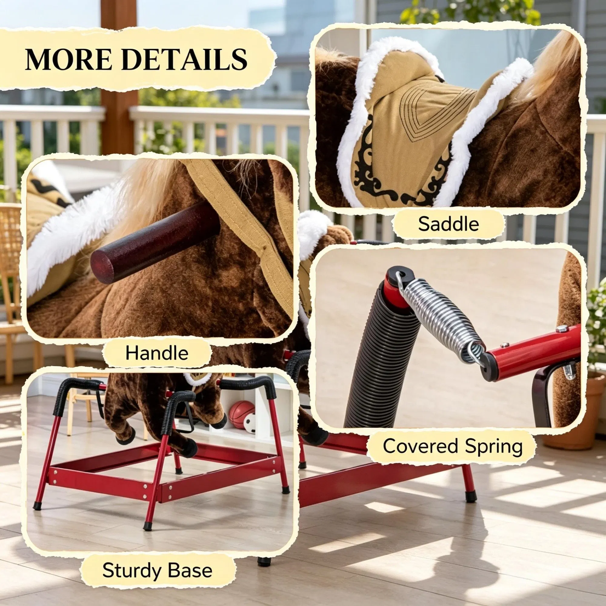 Dark Brown Interactive Kids Ride on Horse Spring Rocking Horse with Sounds, Plush Soft Feel Animal Ride-on Toy — imagen 7
