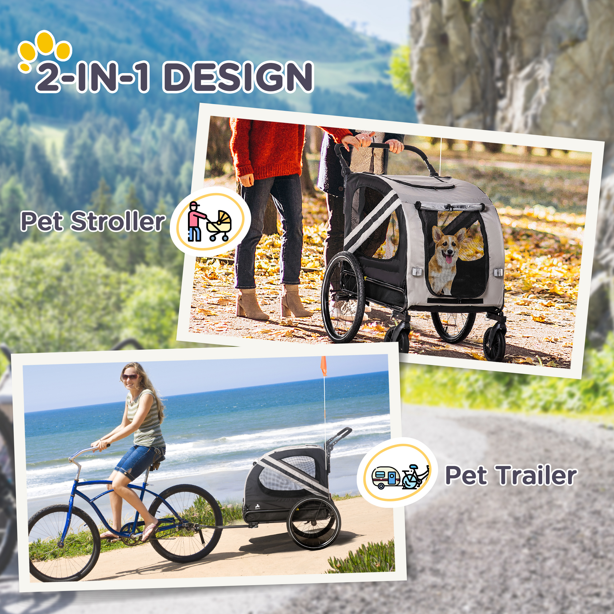 2-in-1 Pet Bike Trailer for Small Medium Dogs, Road-Visibility Dog Stroller Bicycle Carrier, Weather-Strong Bike Wagon Trailer Sidecar Attachment, Gray — image 2