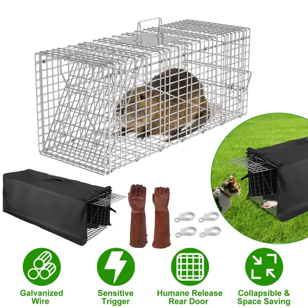 Humane Cat Trap Cage With Waterproof Cover Gloves Catch Release Live Animal Rodent Cage Collapsible Galvanized Wire For Raccoons Beavers Groundhogs Foxes Armadillos — imagen 1