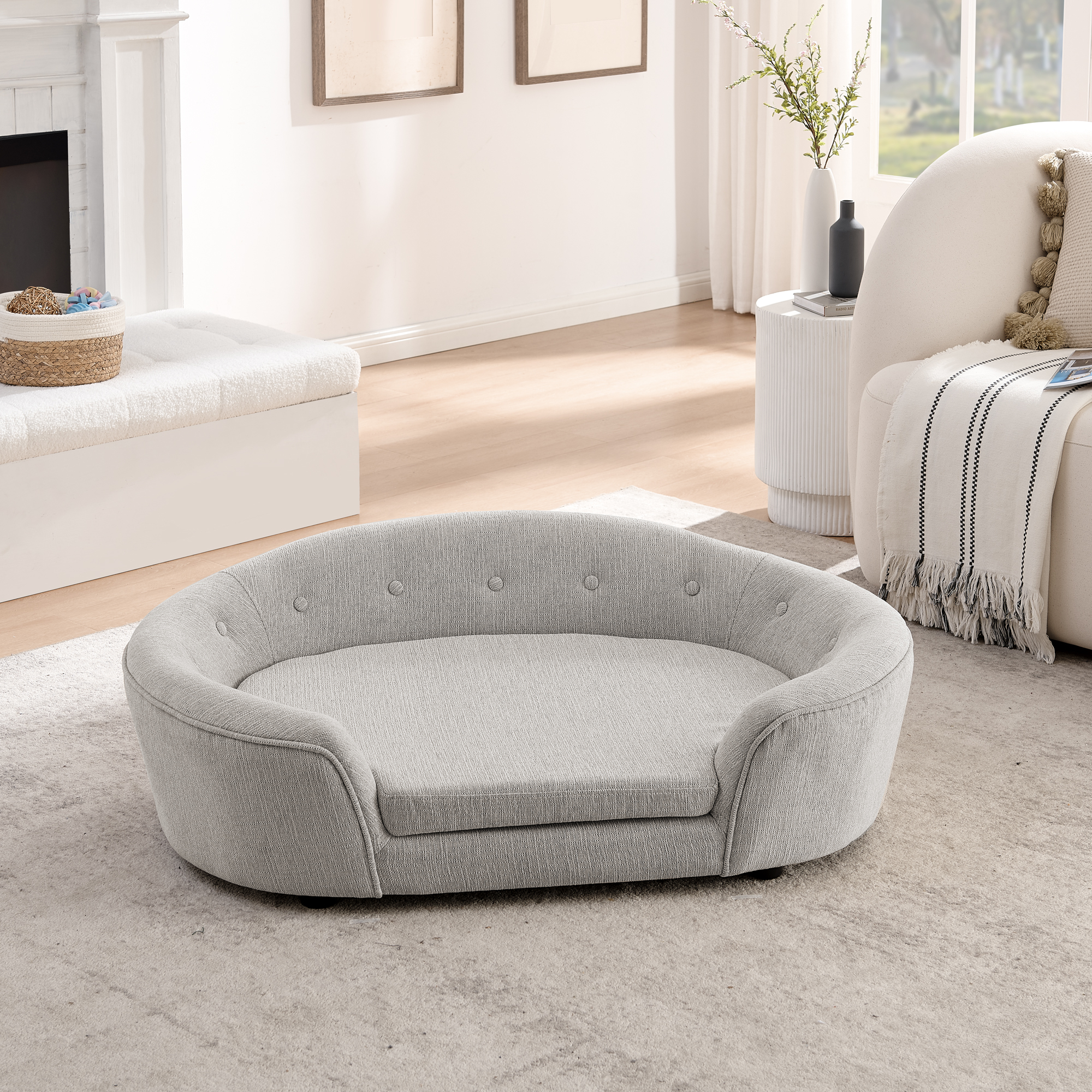 SILLA DE PERRO GRANDE Ovalada Semi-Cerrada - Material de Lino Duradero, Espaldar con Botones y Tufting, Soporte Alto-Centro Bajo-Lados y Confort Plush Beige — imagen 4