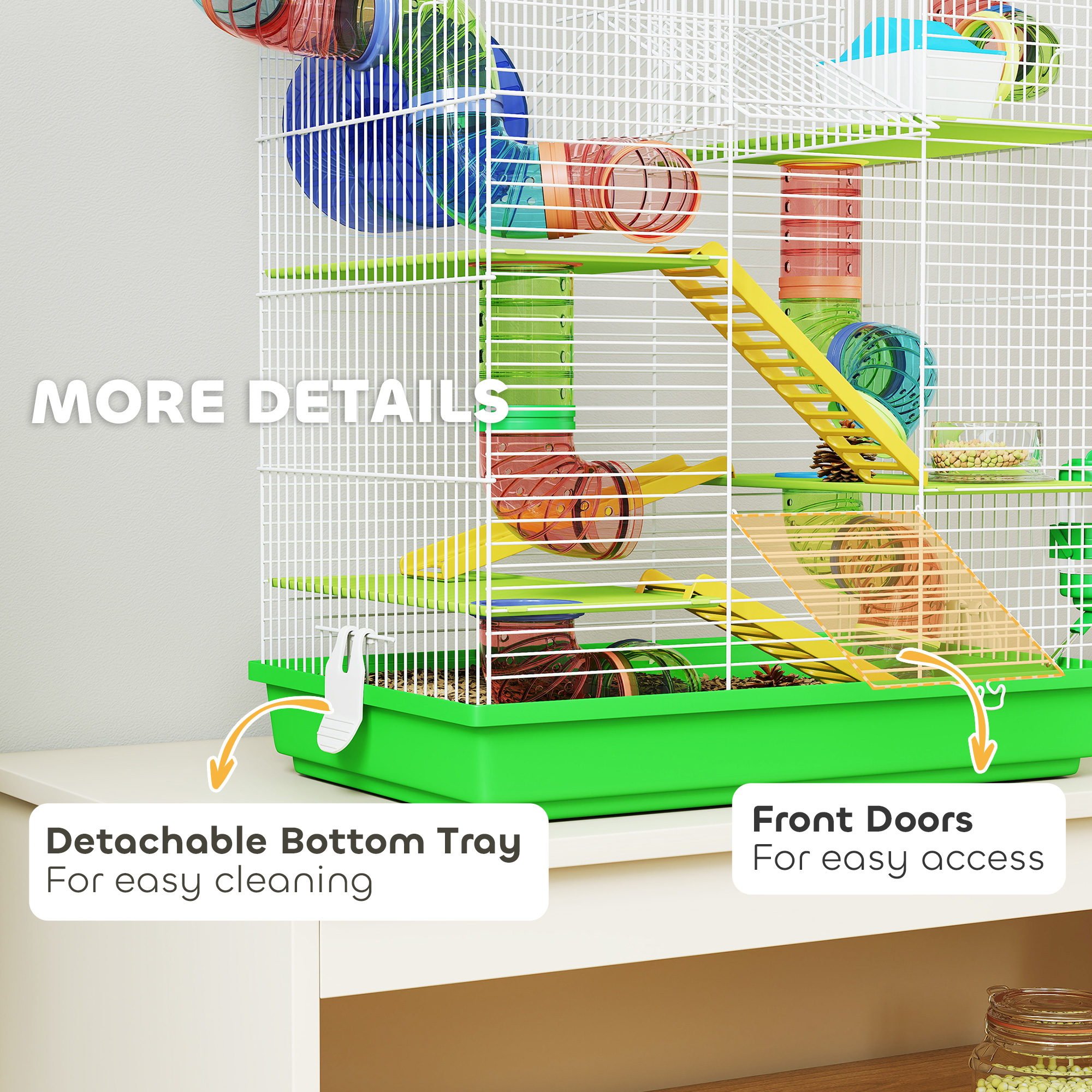 Caja para Hámsters de 5 Niveles de 46 cm con Tubos y Túneles, Caja para Pequeños Animales, Ratón o Roedor con Botella de Agua, Plato de Alimento, Rueda de Ejercicio, Verde — imagen 6